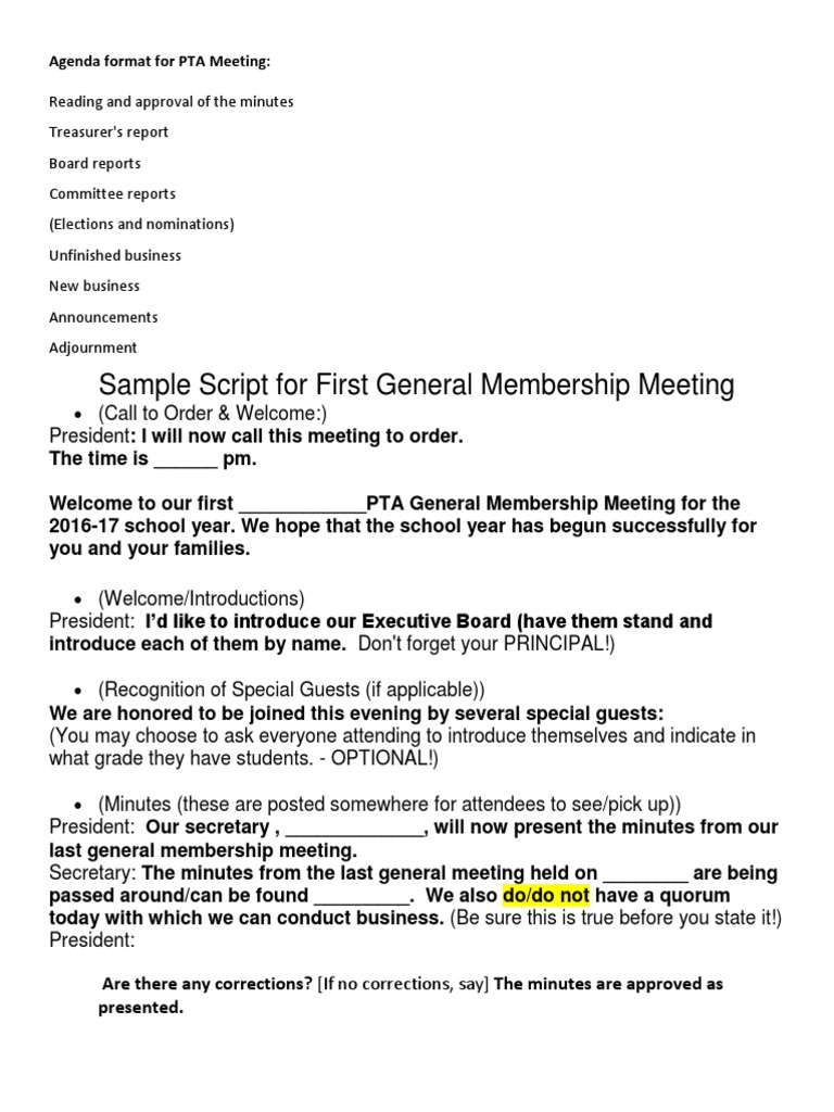 Sample Script For First General Membership Meeting | PDF | Government