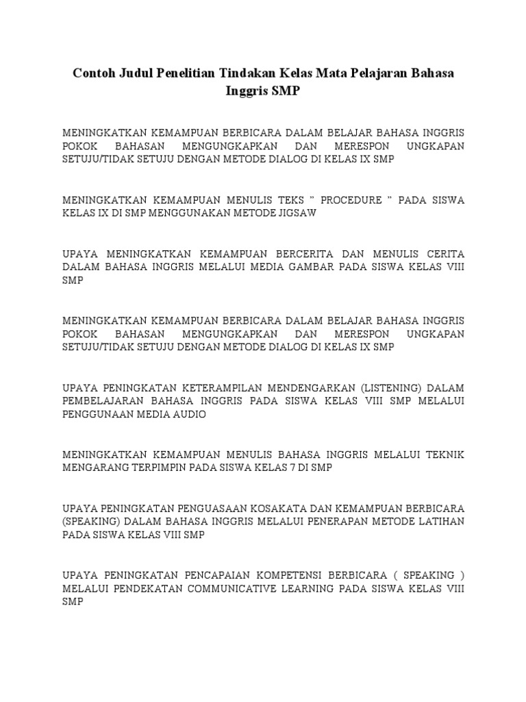 Contoh Judul Ptk Bahasa Inggris Smp