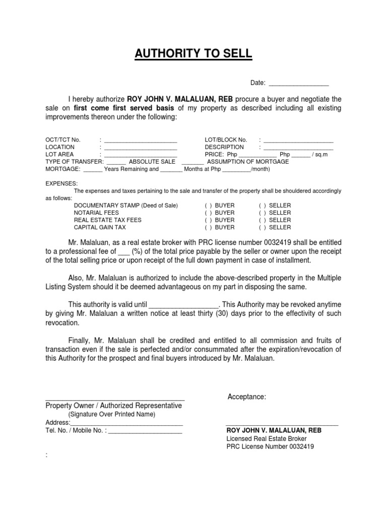 Authority to Sell Document Granting Roy John V. Malaluan Real Estate