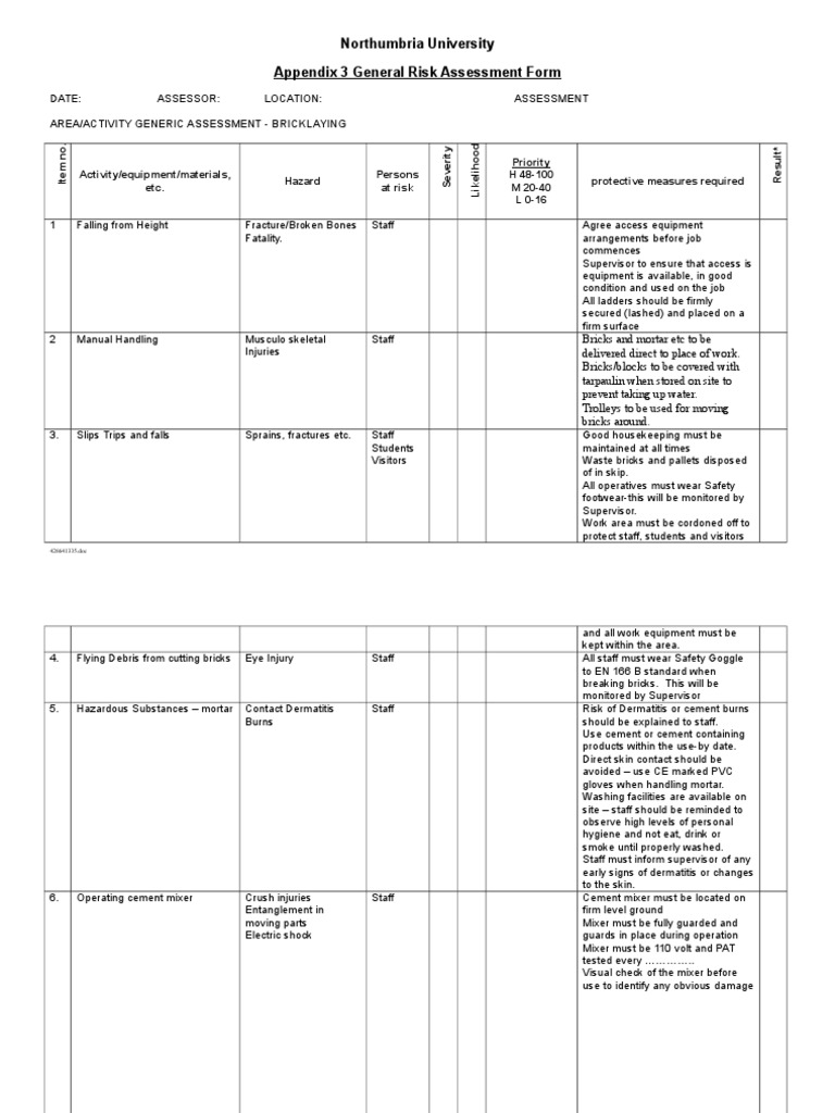 Example Bricklaying Risk Assessment PDF Brick Risk Assessment