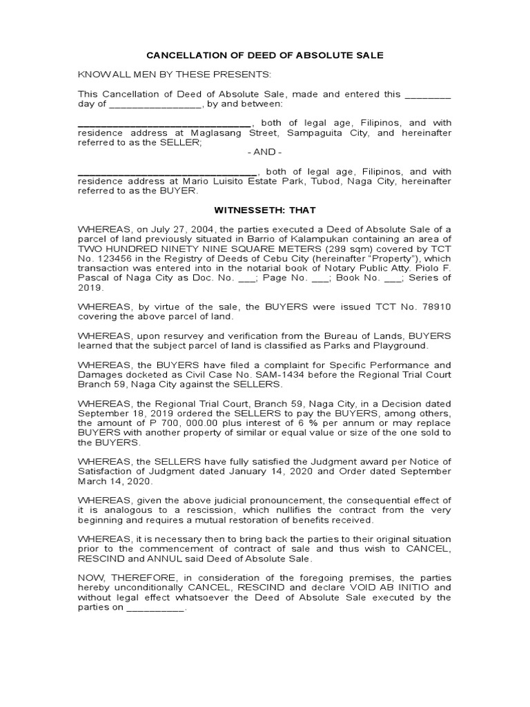 Cancellation of Deed of Sale PDF Government Information Common Law