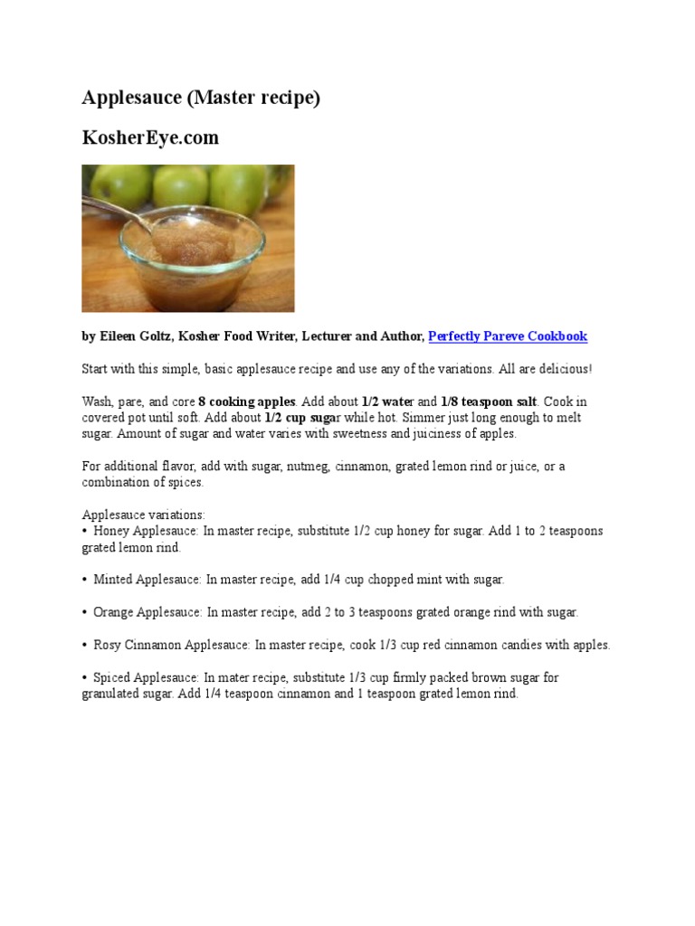 Applesauce (Master Recipe) Perfectly Pareve Cookbook PDF Sugar Diet & Nutrition