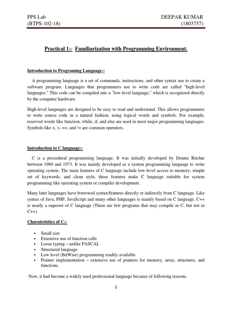 Practical 1:-Familiarization With Programming Environment | PDF | C ...