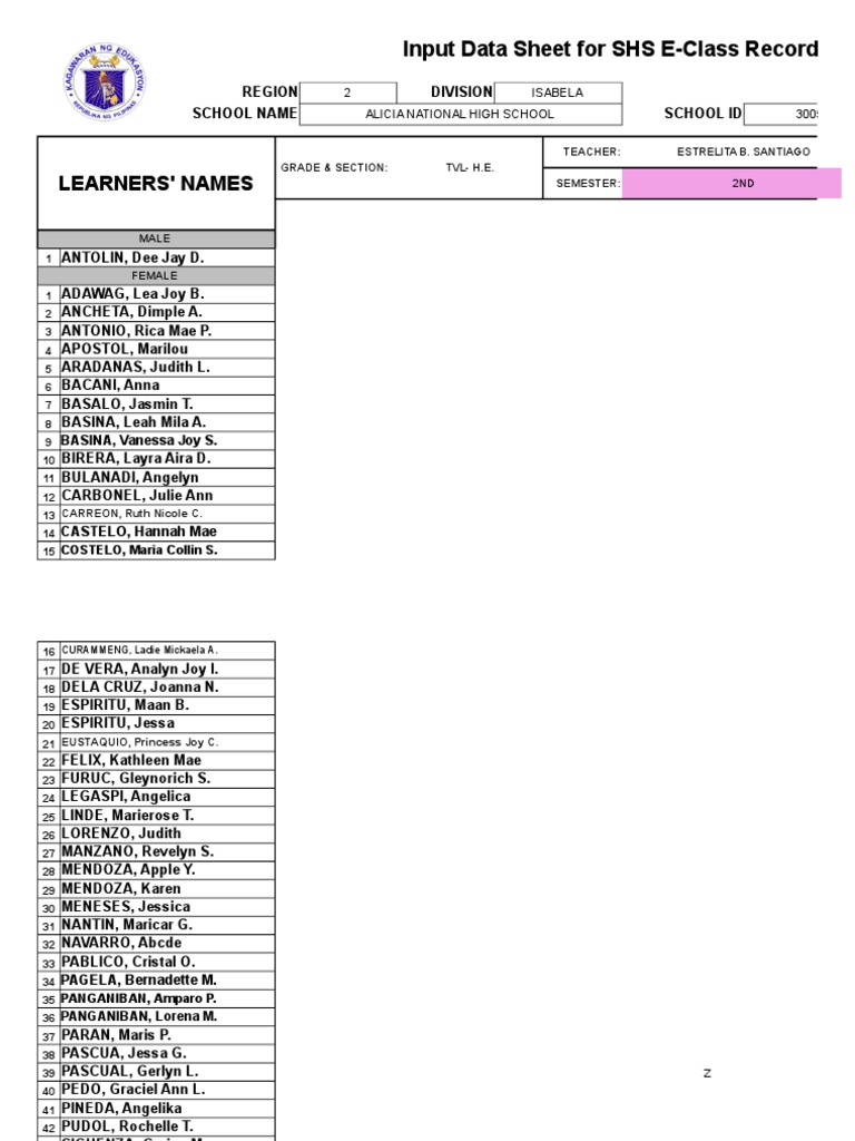 Learners names input data sheet for shs e class record pdf