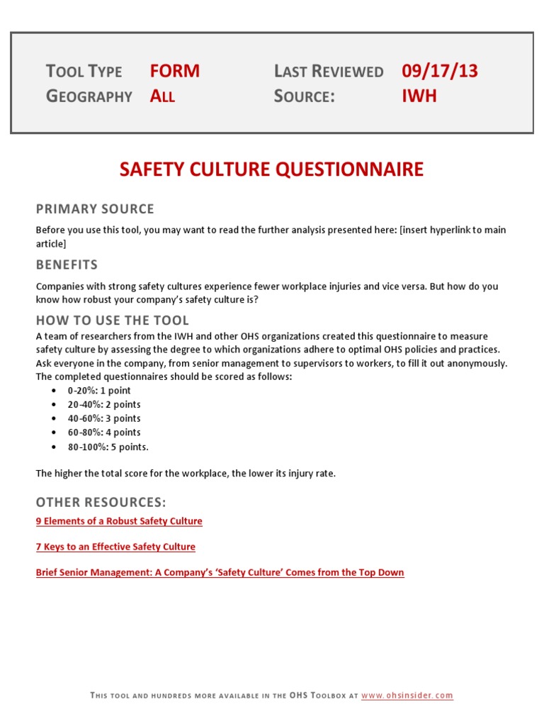 Safety Culture Assessment Questionnaire | PDF | Occupational Safety And ...
