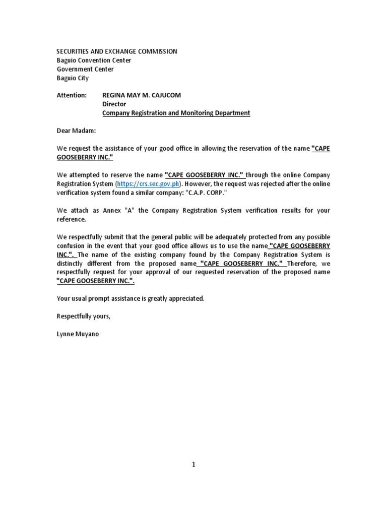 Name Reservation Appeal for SEC | PDF