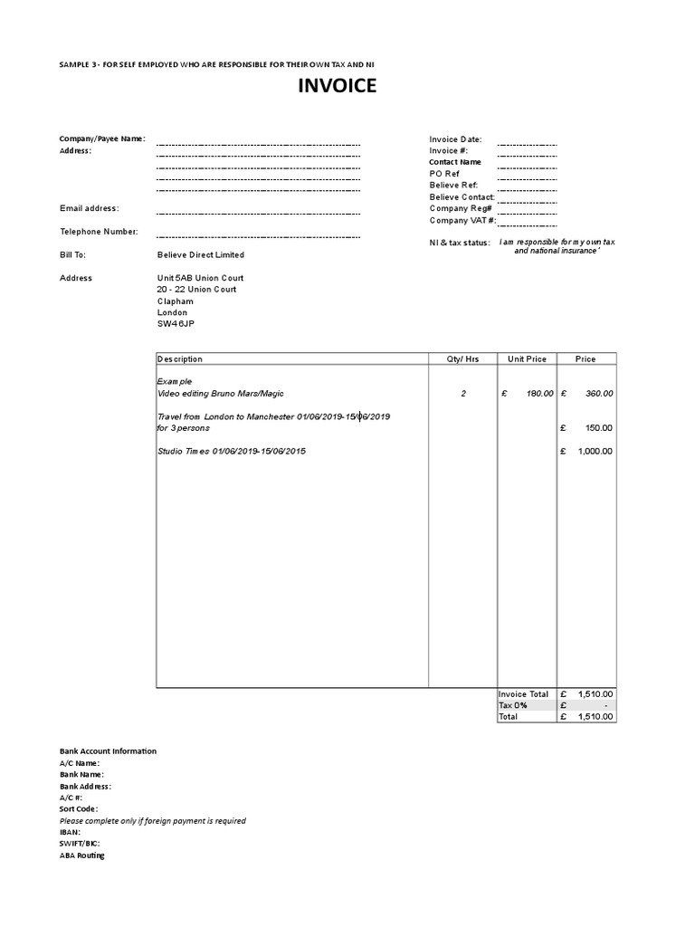 Non VAT Registered Invoice Sample PDF Invoice Payments