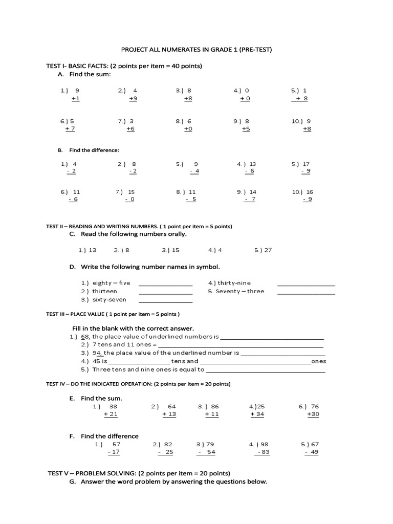 Grade 1 Numeracy Assessment Test | PDF | Cognition | Teaching Mathematics