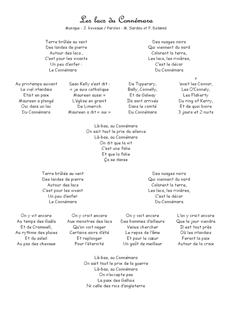 Parole De La Chanson Le Lac Du Connemara A Imprimer