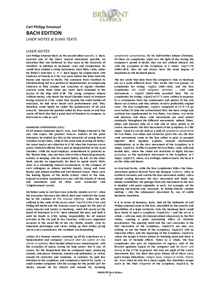 94640 Cpe Bach Edition Liner Notes Sung Texts Download Concerto Johann Sebastian Bach