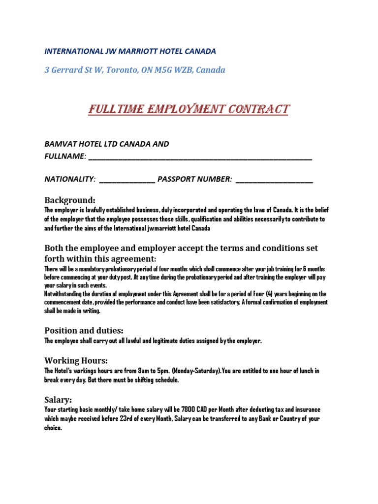 International JW Marriott Hotel Canada Agreement Letter | PDF 