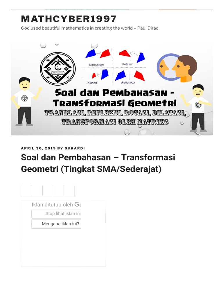Soal Dan Pembahasan Transformasi Geometri Tingkat Sma Sederajat Mathcyber1997