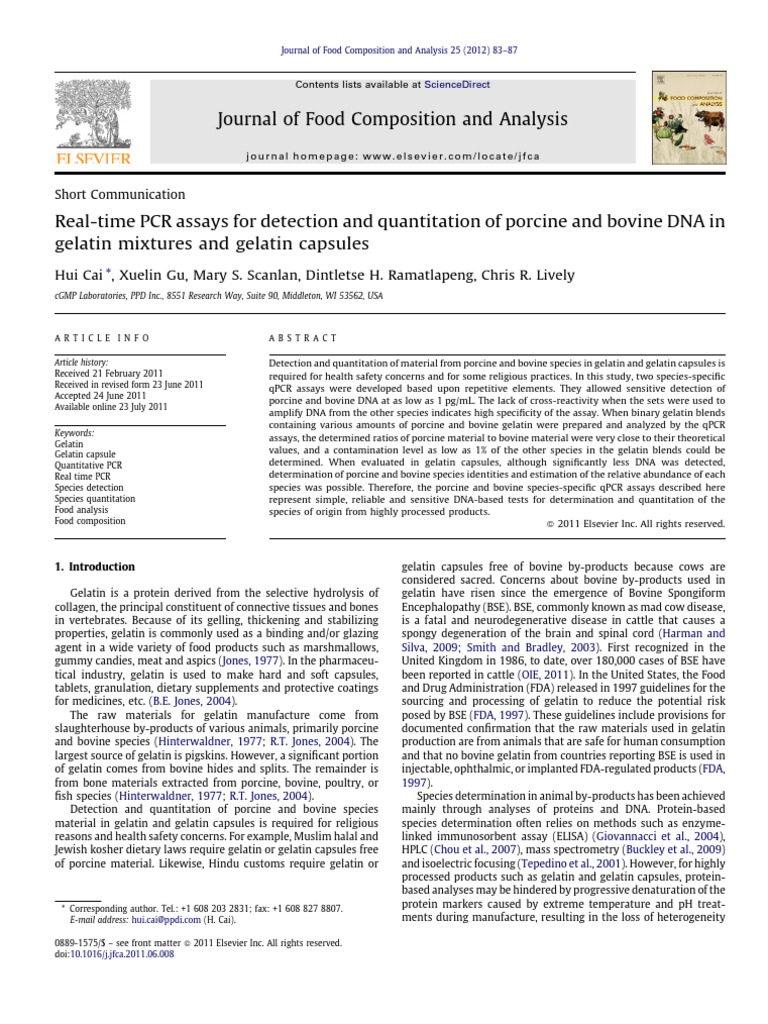 RealTime PCR Assays For Detection and Quantitation of Porcine and