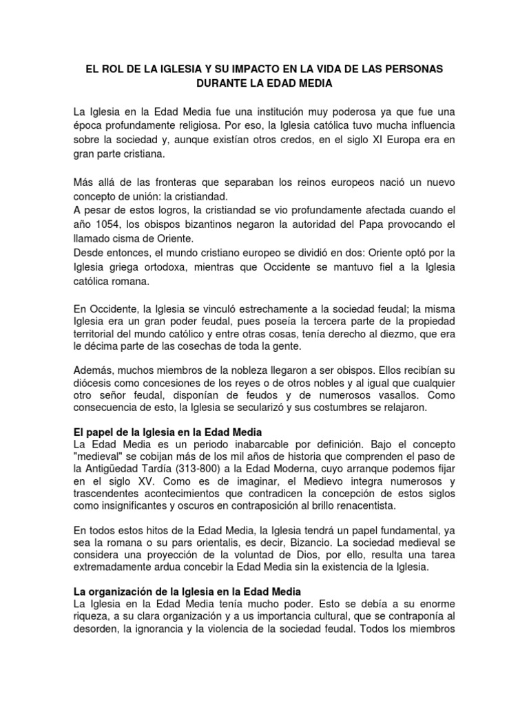 El Rol de la Iglesia en la Edad Media | PDF | Edades medias | Clero