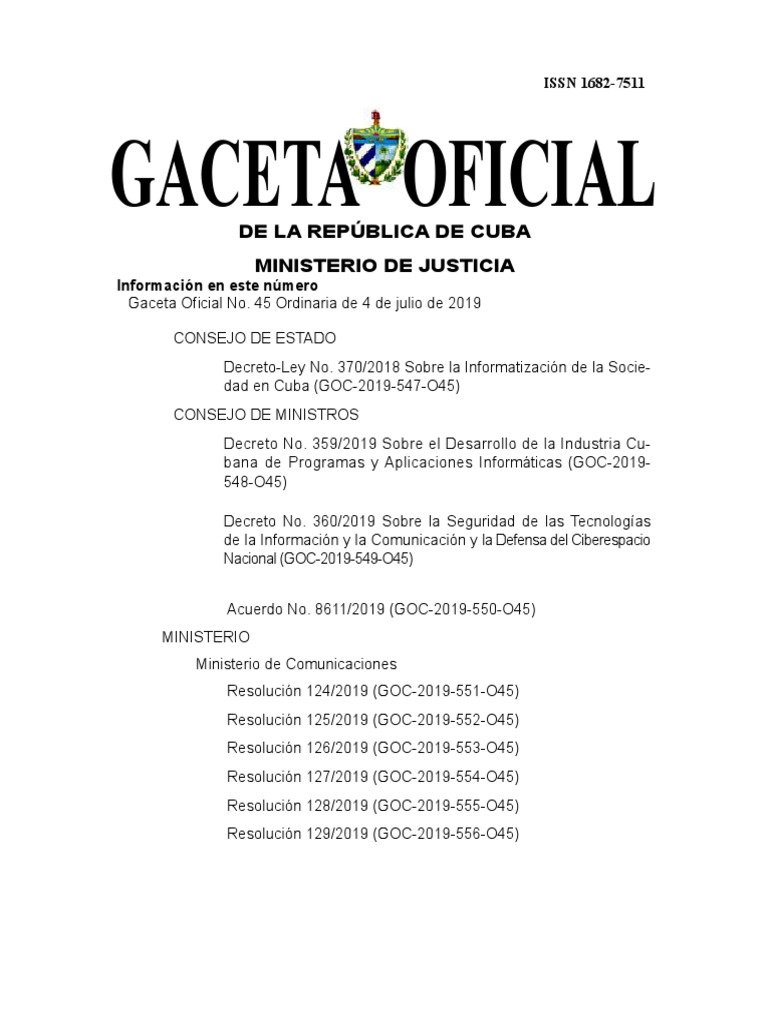 Gaceta Oficial de Cuba 45 Ordinaria Gobierno E La seguridad
