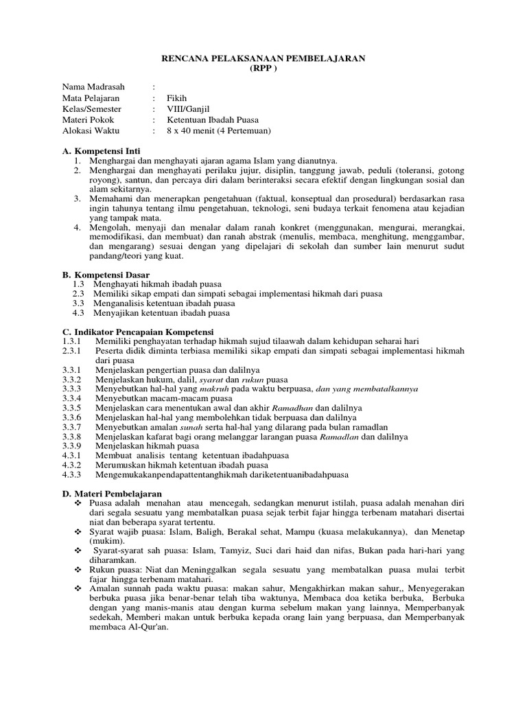 Rpp Fiqh Kelas 8 Ibadah Puasa Docx