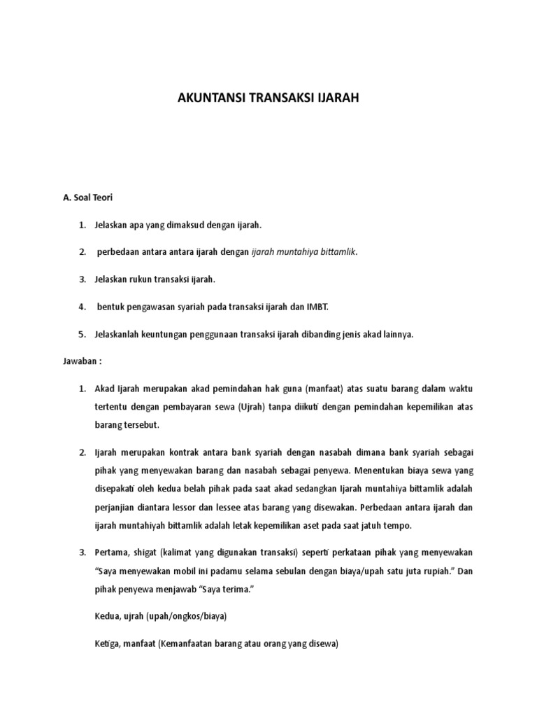 Contoh Soal Esai Dan Uraian Ijarah Dan Jawabannya - Mikiran Soal