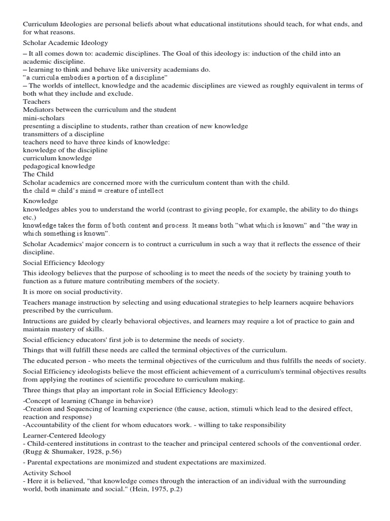 Curriculum Ideologies Explained | PDF | Educational Assessment | Curriculum
