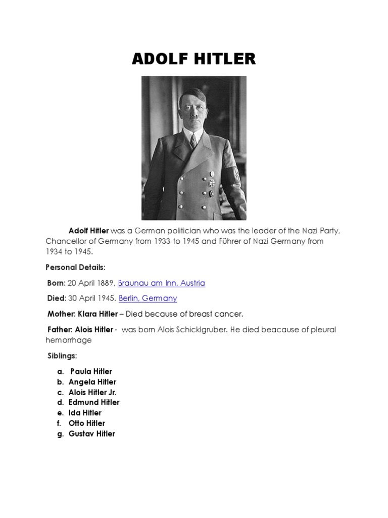 ADOLF HITLER A Simple Biography | PDF | Hitler Family | Nazi Party