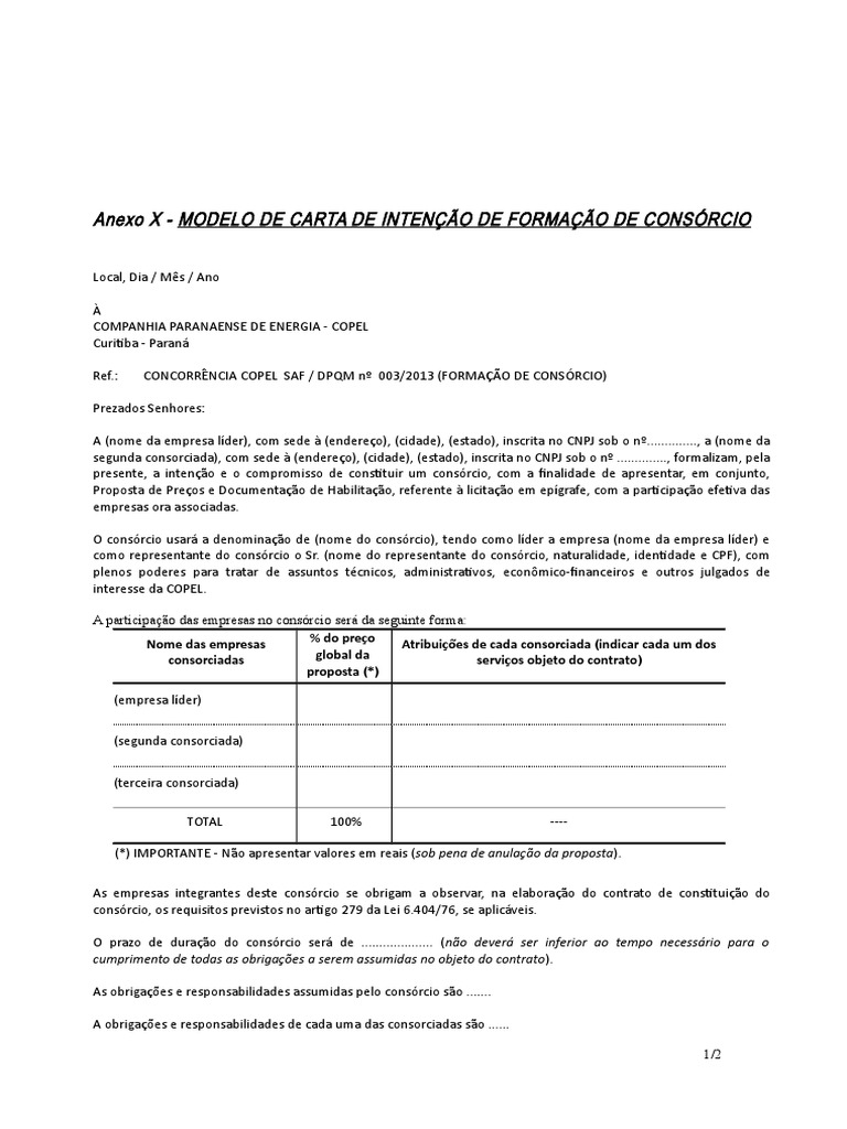 Anexo X  Modelo de Carta de Intenção de Formação de CONSÓRCIO de