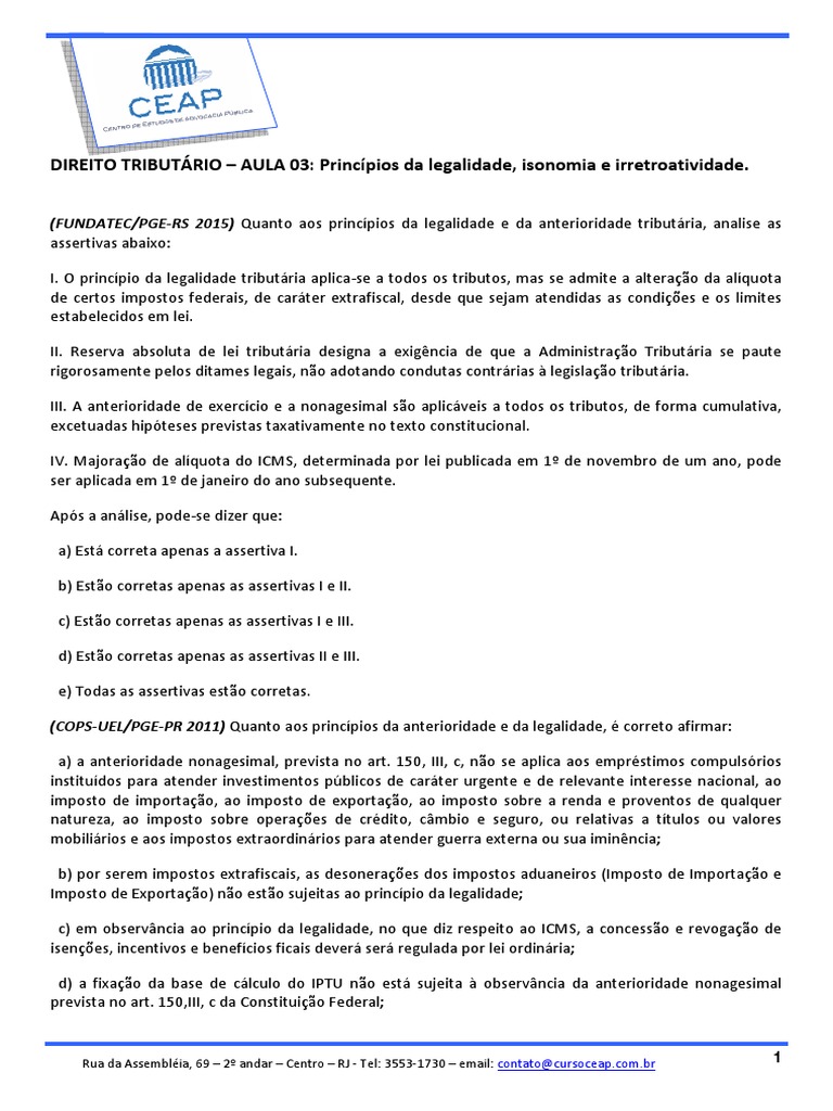 Princípios do Direito Tributário: Aula 03 | PDF | Impostos | Informação ...