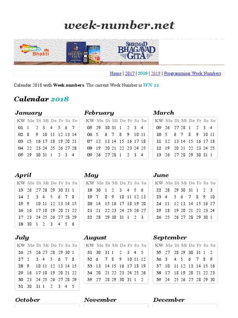 2018 Calendar with Week Numbers | PDF