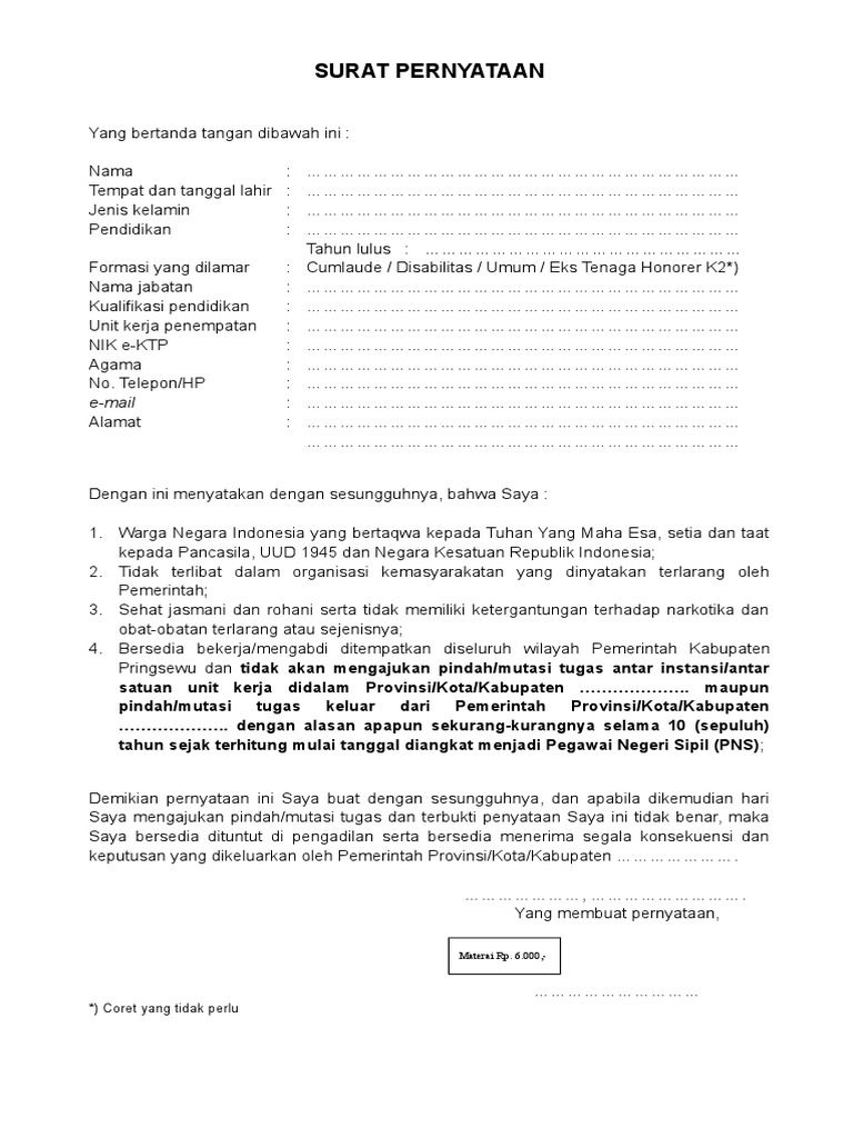 Surat Pernyataan Bertaqwa Kepada Tuhan Yang Maha Esa Doc - Contoh
