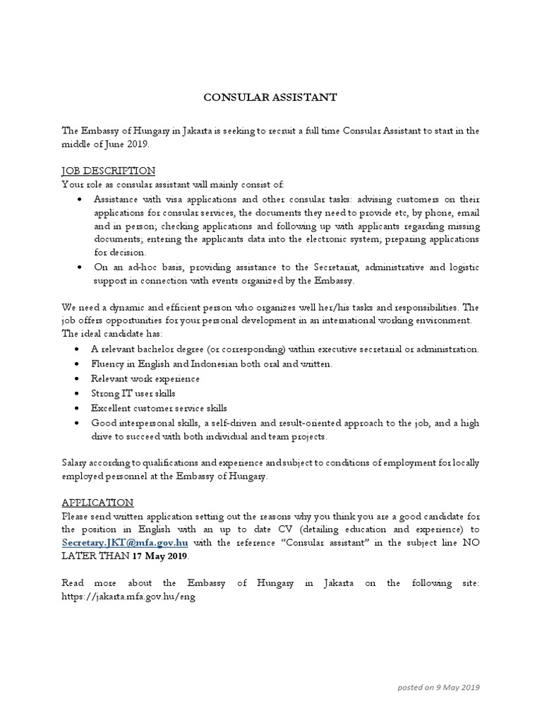 Consular Assistant Job Opening in Jakarta | PDF