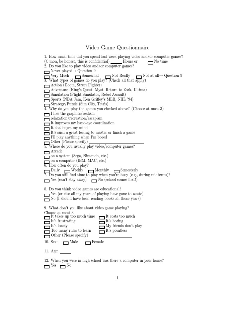 Video Game Questionnaire Question 9 Question 9 PDF