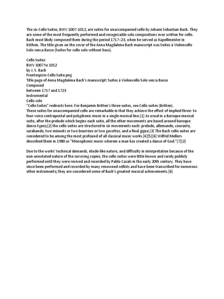 Scanned Bach cello suites sheet music PDF cover for a collection of suites and compositions.