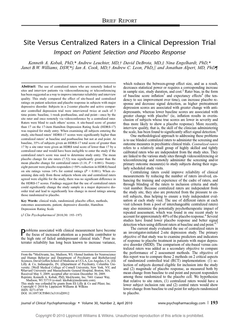 Site Versus Centralized Raters in A Clinical Depression Trial - Kobak ...