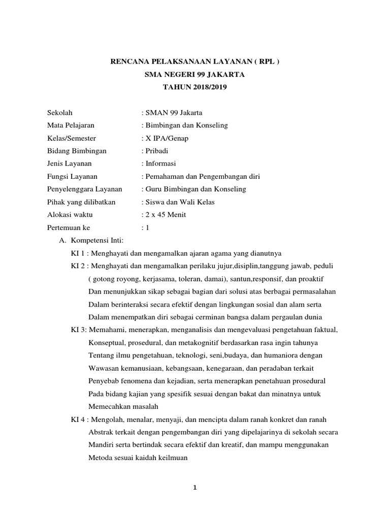 Rencana Pelaksanaan Layanan RPL 2018/2019 | PDF | Karier & Perkembangan
