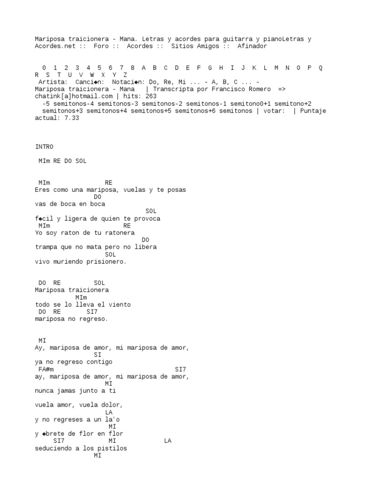 Mariposa Traicionera Mana Letras Y Acordes Para Guitarra Y Piano Txt Guitarras Produccion Musical