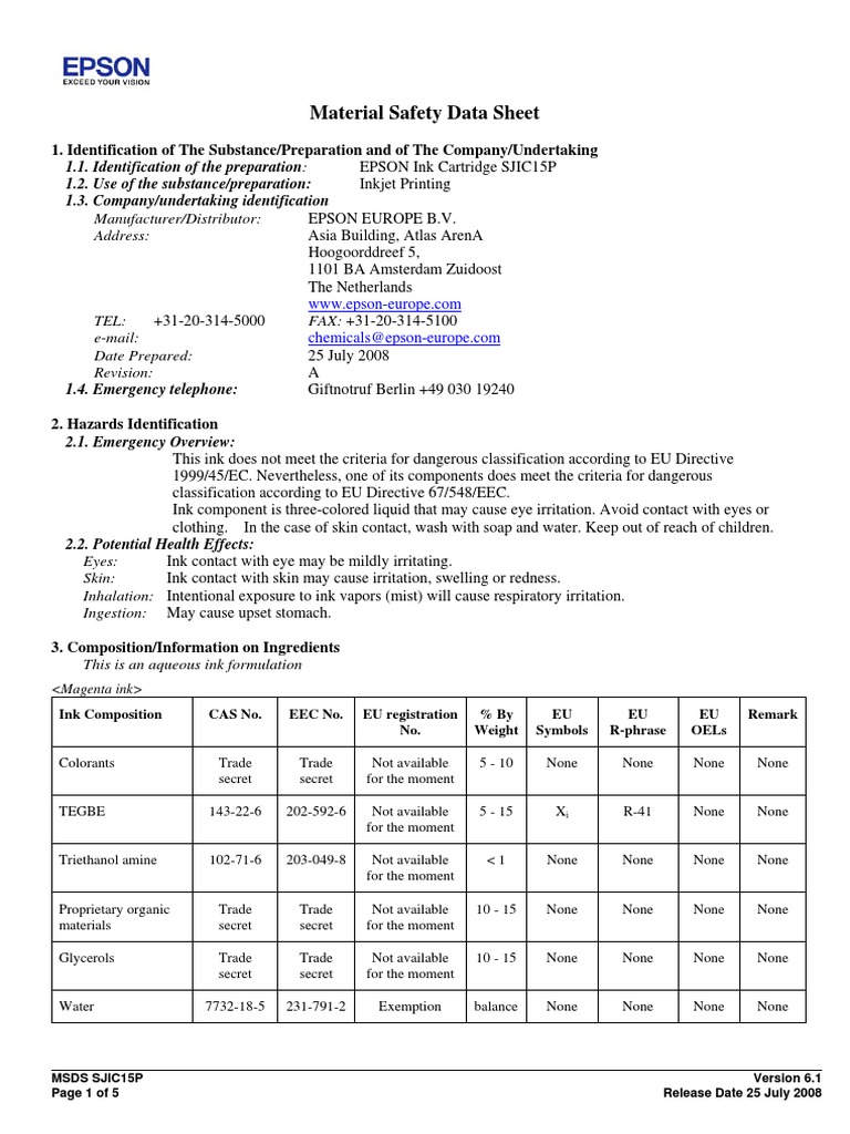 Epson Ink Msds Toxicity Safety