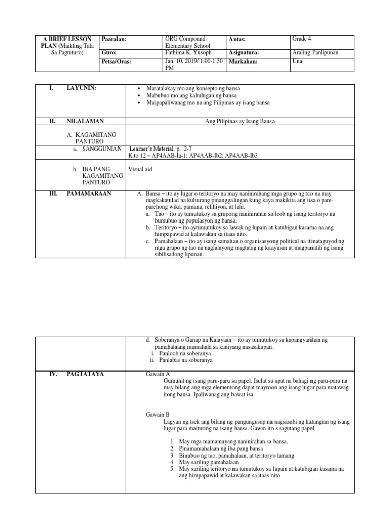A Brief Lesson Plan Elementary PDF
