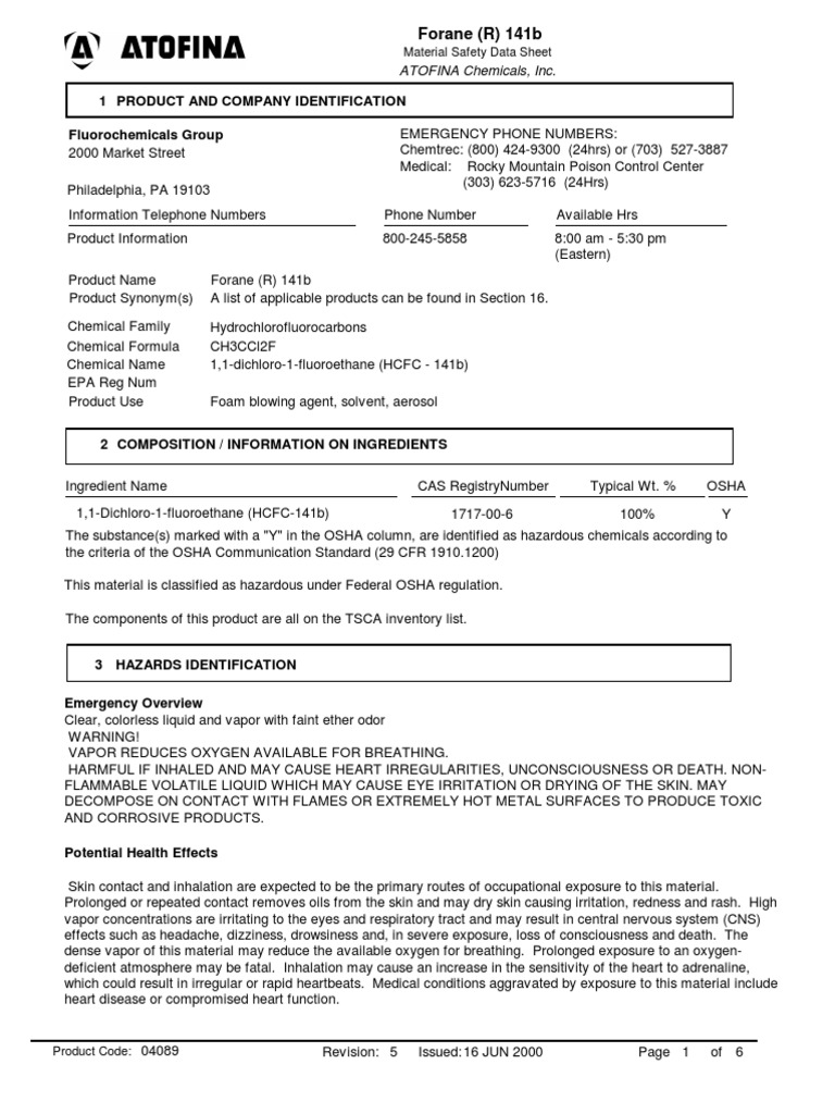 HCFC-141b Safety Data Sheet | PDF | Personal Protective Equipment ...