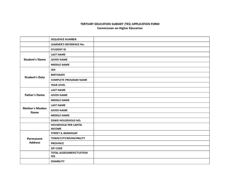 Tertiary Education Subsidy (Tes) Application Form Commission On Higher ...