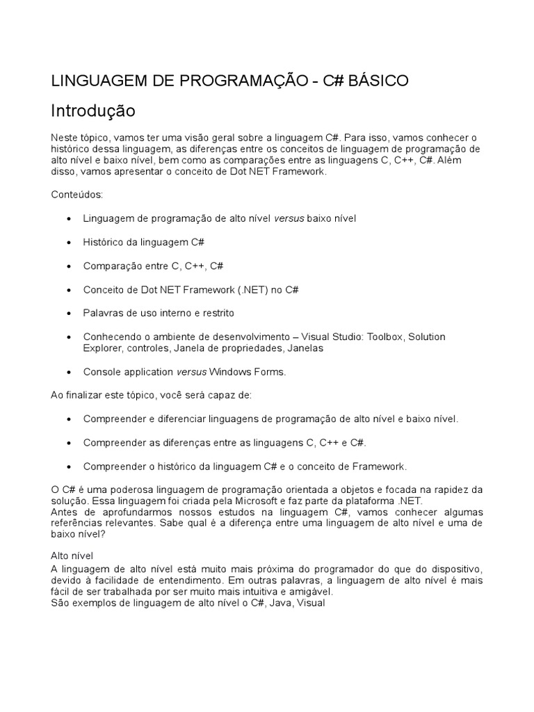 Introdução ao C# e .NET Framework | PDF | C Sharp (linguagem de ...
