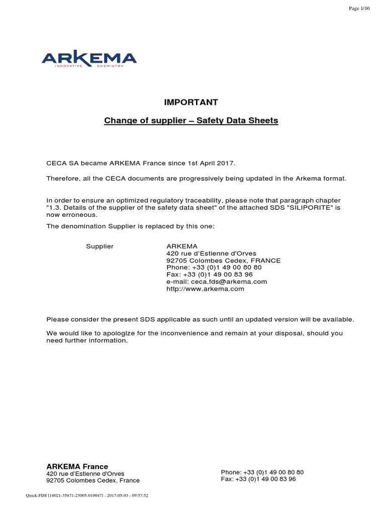 Arkema Safety Data Sheet Update | PDF | Toxicity | Firefighting