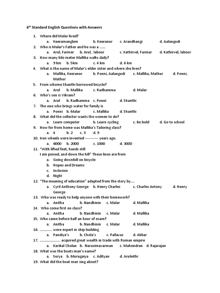 6 Standard English Questions With Answers PDF Helen Keller