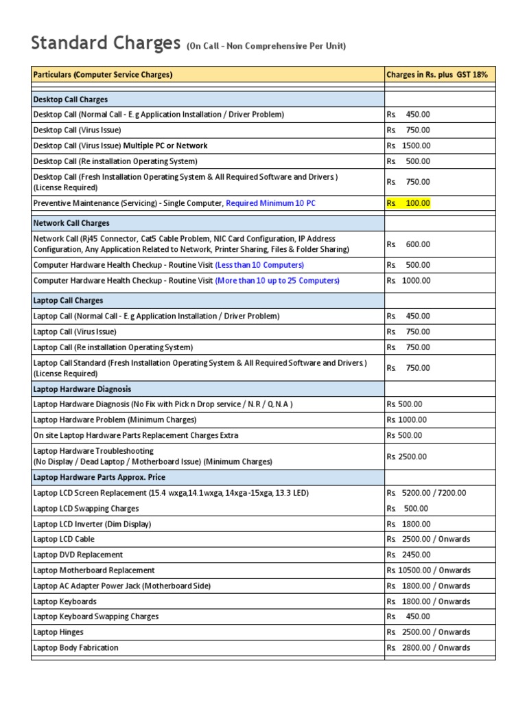 AMC Standard Charges PDF Laptop Desktop Computer