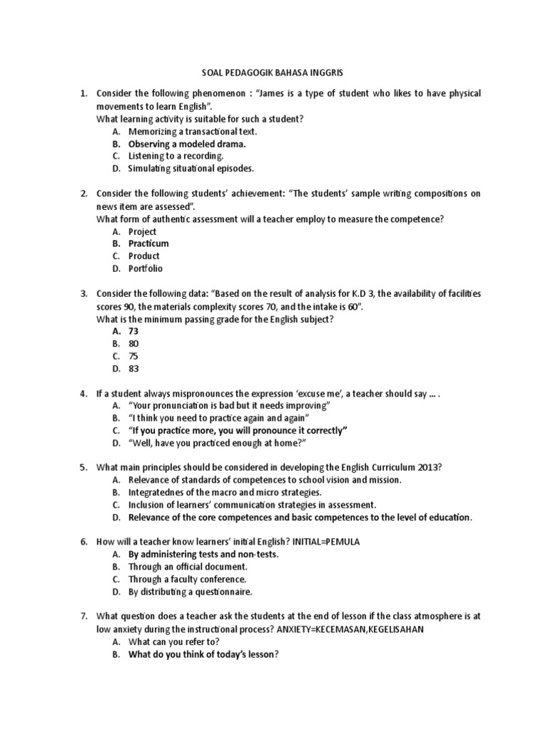 English Pedagogy Assessment Questions | PDF | Educational Assessment ...
