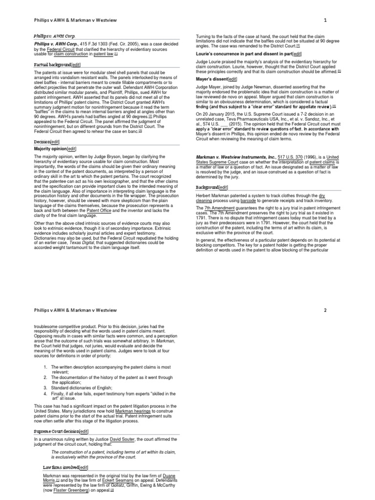 Phillips v. AWH Corp & Markman V Westview | PDF | United States Federal ...