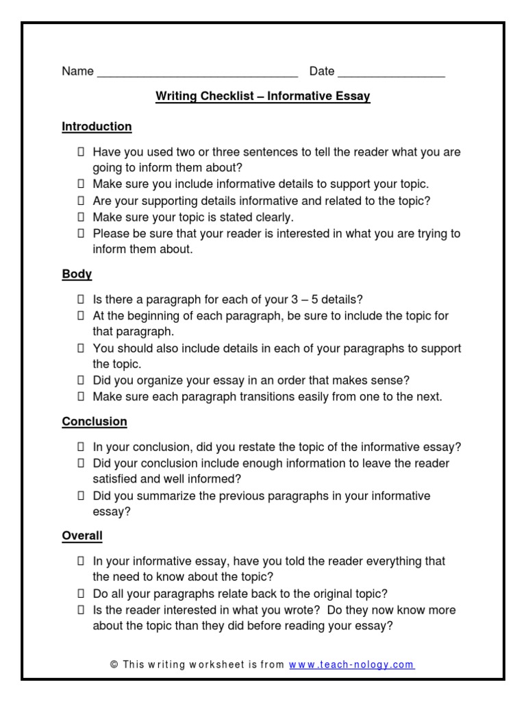 Informative Essay Writing Checklist PDF