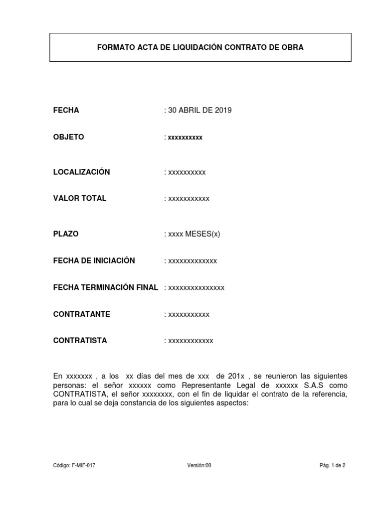 Formato Acta de Liquidación de Obra | PDF | Gobierno | Business