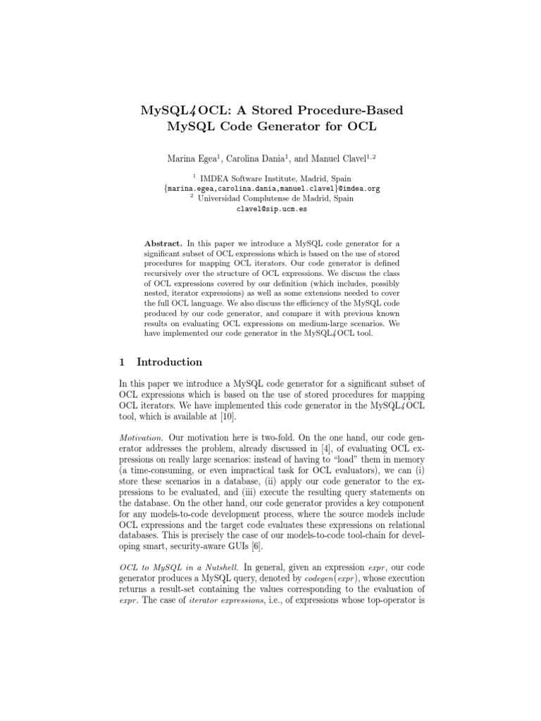 Mysql4 ocl a stored procedure based mysql code generator for ocl