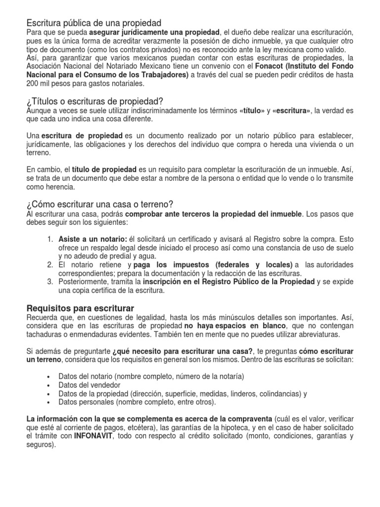 Escritura pública de una propiedad Requisitos para escriturar
