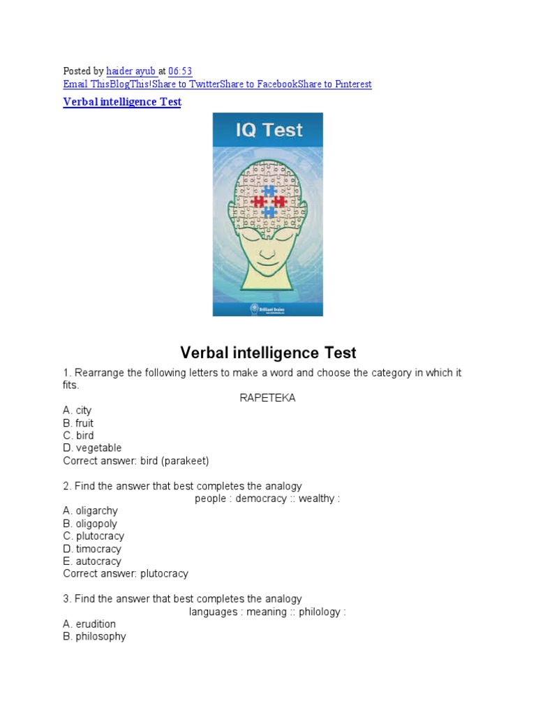 Verbal and Non-Verbal Intelligence Tests | PDF | Word | Epistemology
