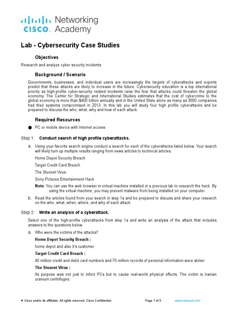 1.1.1.5 Lab Cybersecurity Case Studies Online Safety & Privacy