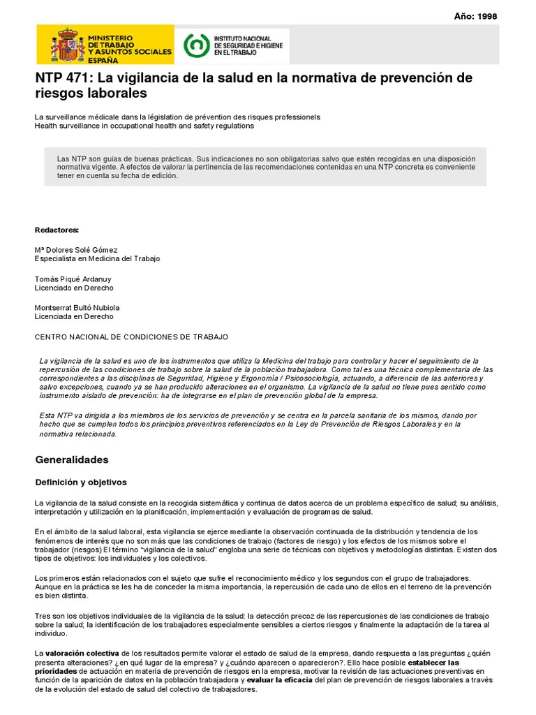 NTP 471 PDF | PDF | Derecho laboral | Seguridad y salud ocupacional